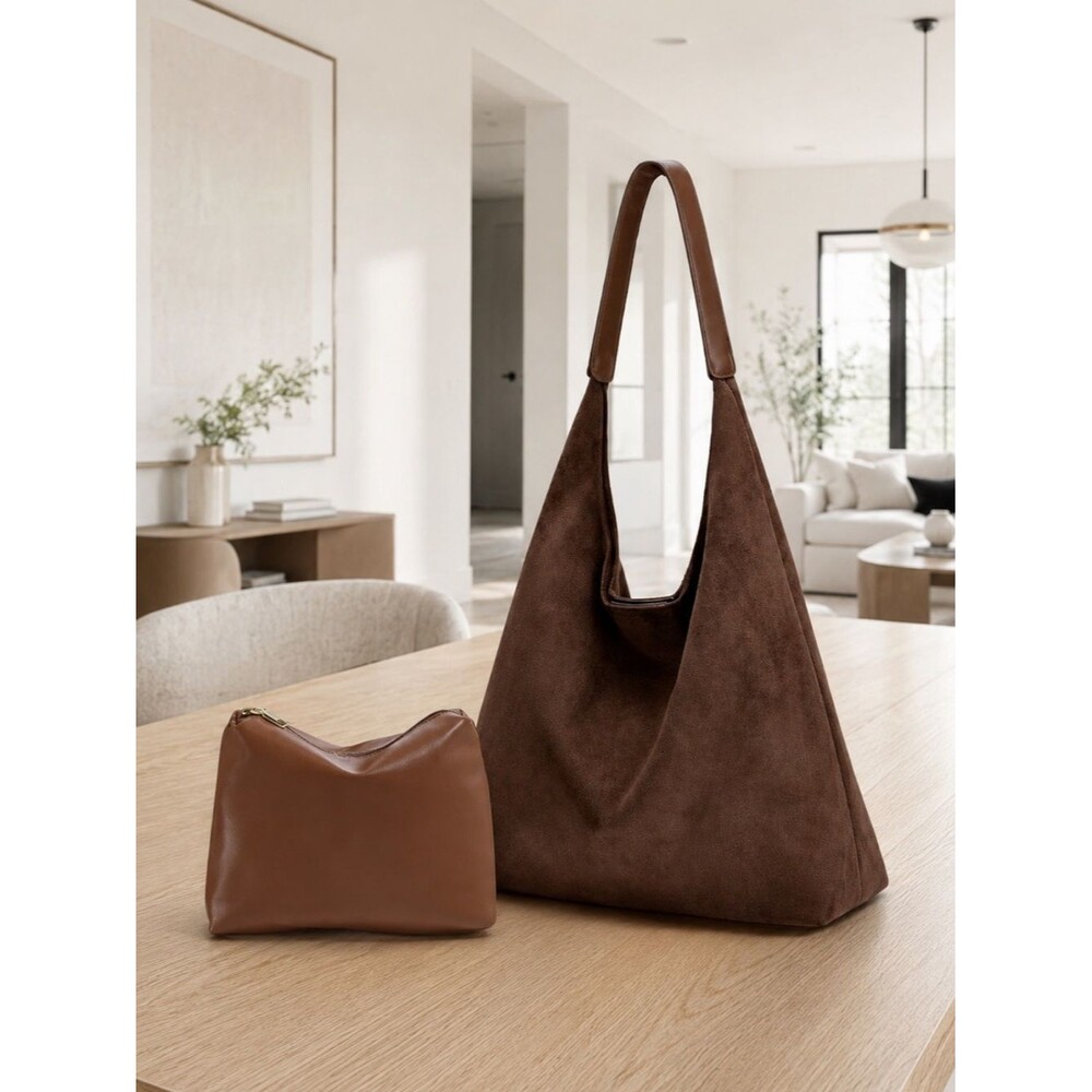 Brown Suede Shoulder Bag with Removable Pouch